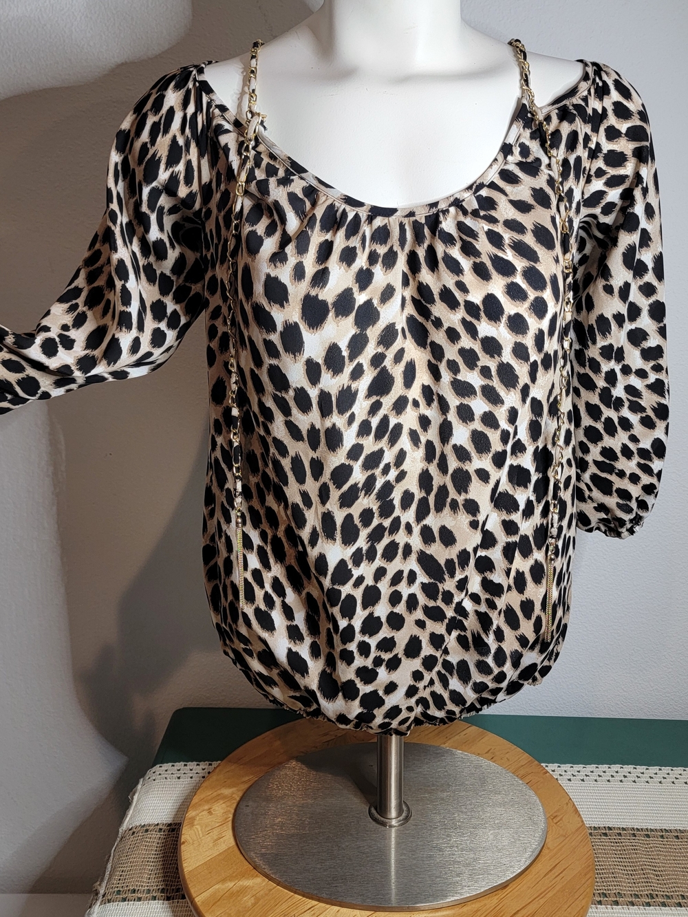 INC International Concepts Leopard Print Scoop Neck 3/4 Sleeve Blouse L Women